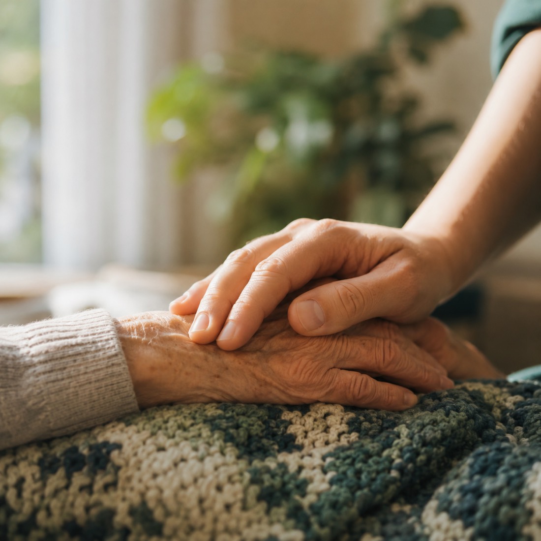 Een verzorgende legt haar hand op de handen van een bewoner